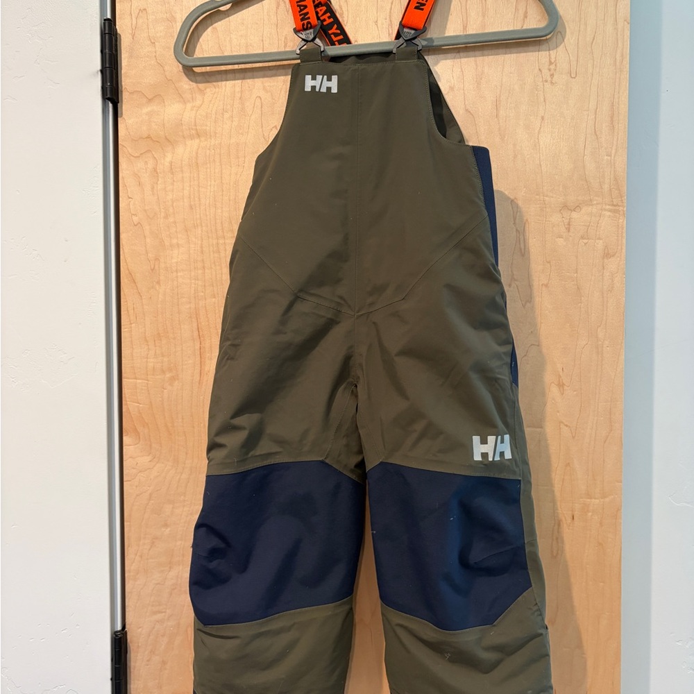 Helly Hansen Olive Green and Navy Kids Snow Bib Overalls with Orange Suspenders